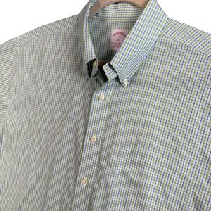 Brooks Brothers 346 Button Down Men L Green Blue Check Short Sleeve Shirt Preppy